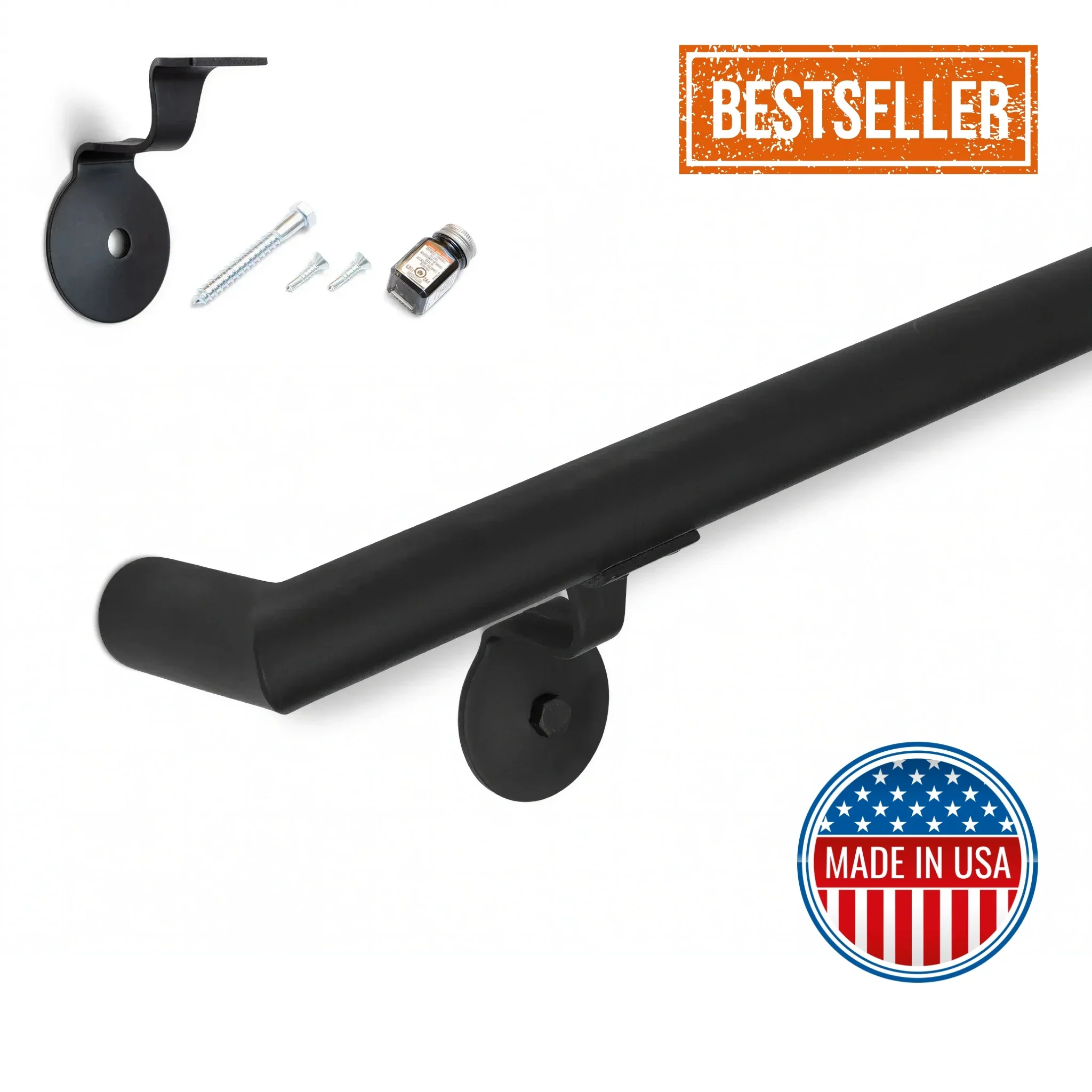 Round Metal Handrail - Custom Made 1.5'' Wrought Iron Handrail with Right Angled Elbow and Flat Black Finish - Omega Custom Fabrication LLC