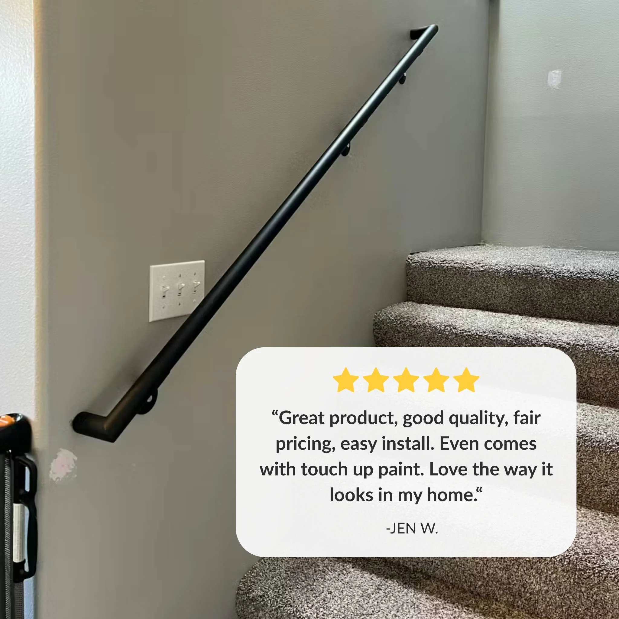 Round Metal Handrail - Custom Made 1.5'' Wrought Iron Handrail with Right Angled Elbow and Flat Black Finish - Omega Custom Fabrication LLC