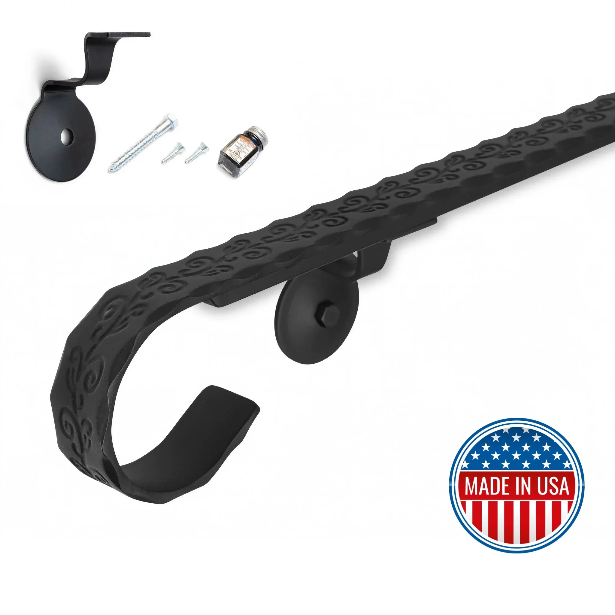 1.5'' Engraved Wrought Iron Handrail - Custom Made, Hand Forged with Volute and Flat Black Finish - Omega Custom Fabrication LLC