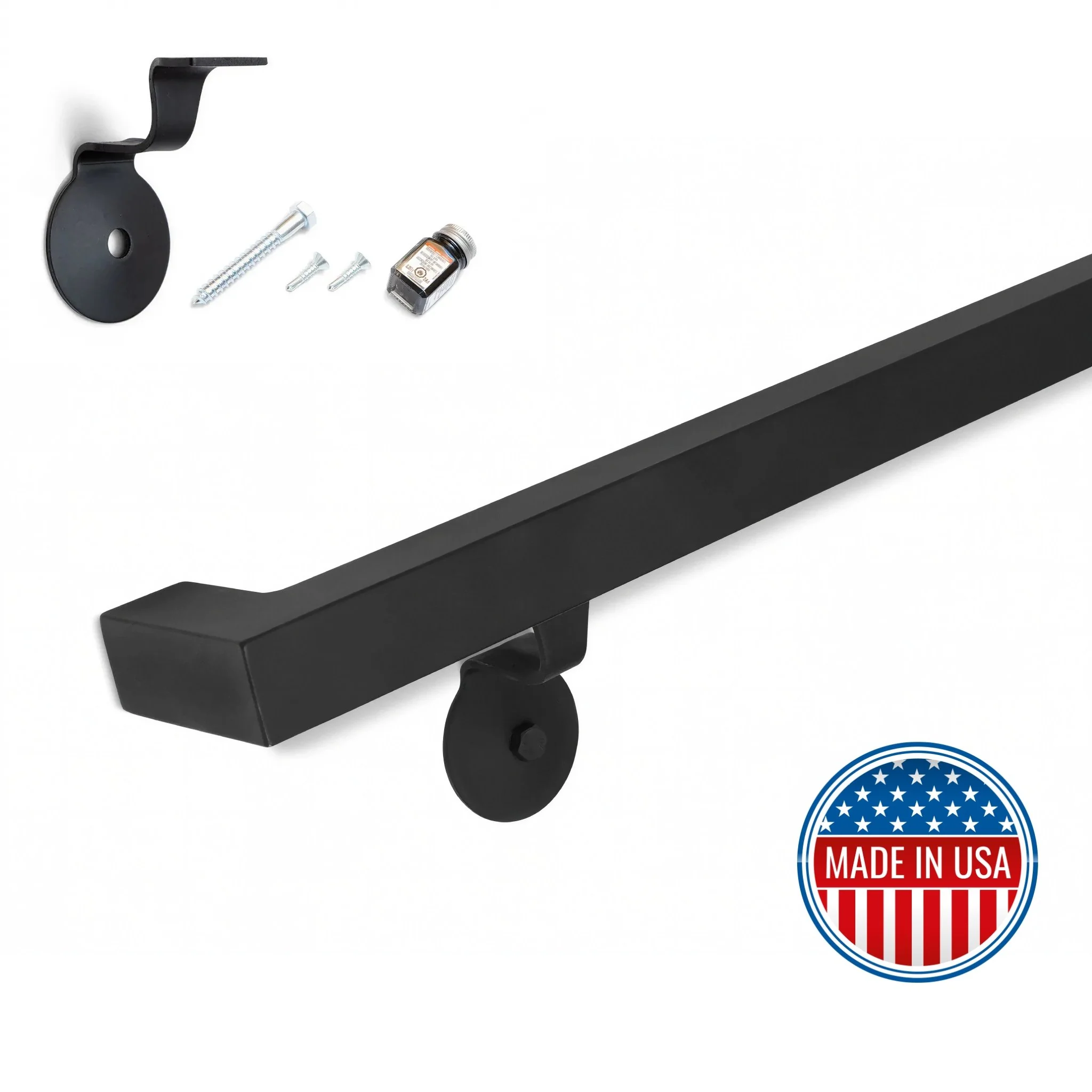 Modern Wrought Iron Handrail - Custom Made, 1.5'' x 1.5'' Square Elbow Model with Flat Black Finish - Omega Custom Fabrication LLC